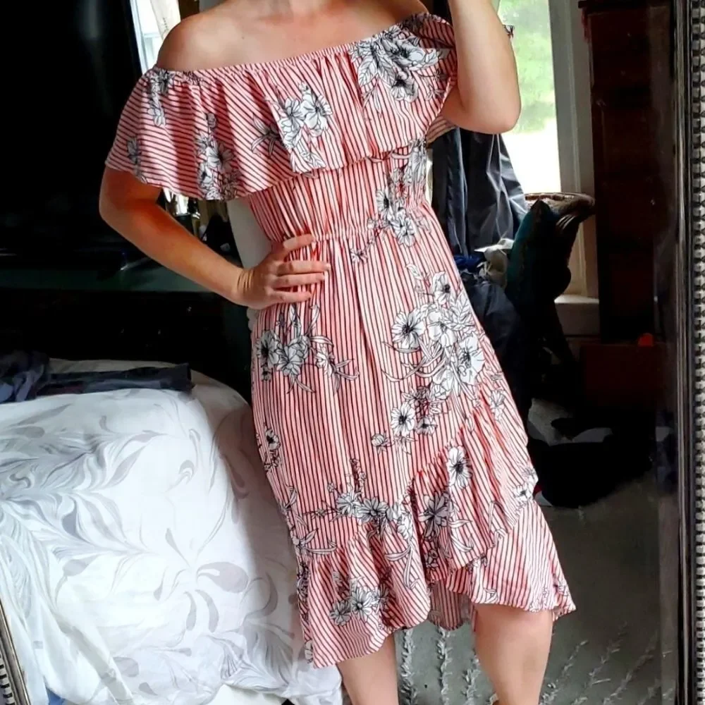 Before You Ruffled Striped Floral High Low Dress - Picture 8 of 8